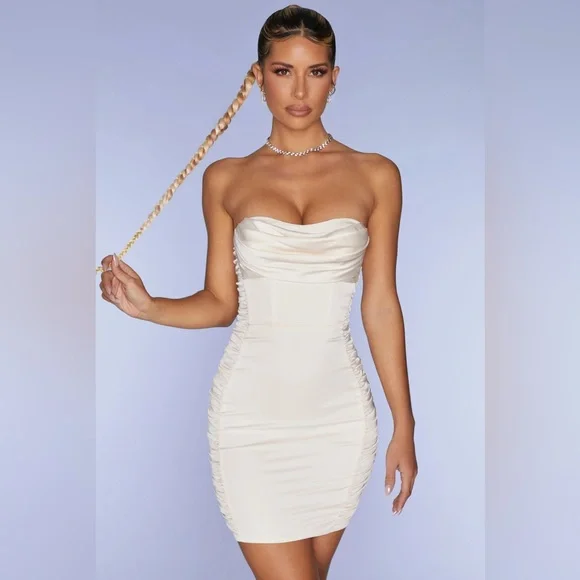 Oh Polly Dresses Ferrat Strapless Satin Mini Dress In Ivory